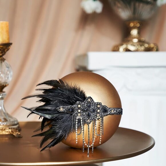 Flapper Headpiece Feather Beads Crystal Gatsby Roaring 20s Accessories - Picture 2 of 5